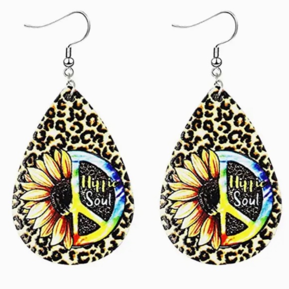 New Sunflower Leopard Hippie Soul Peace Teardrop Dangle Earrings Faux Leather - Picture 1 of 4